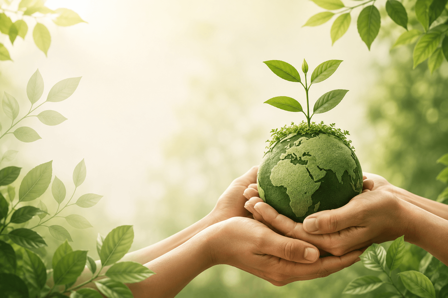 Two pairs of hands cradling a green globe with a young plant growing from it